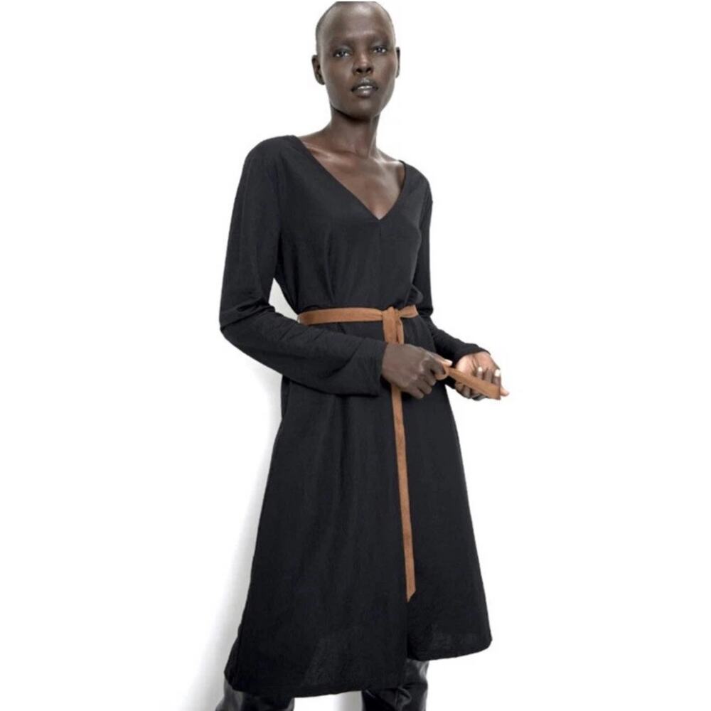 ZARA Black Long Sleeve Midi Dress with Camel Suede Belt NWT Size Small